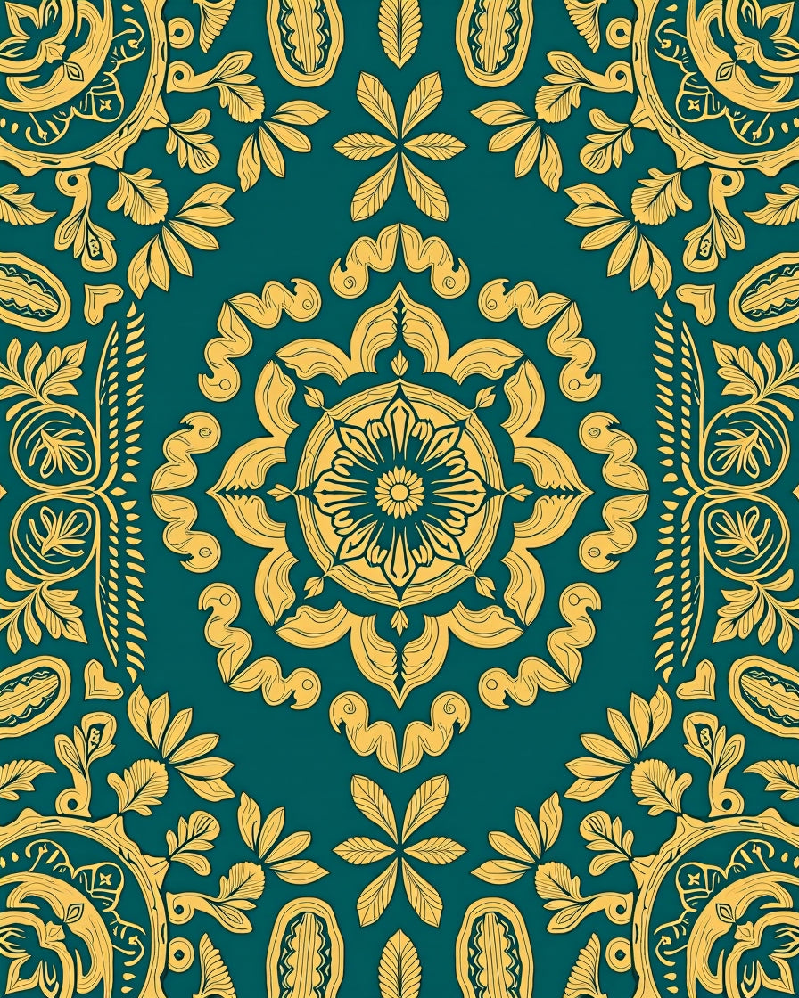 Ornate Teal and Ochre Mandala Rug