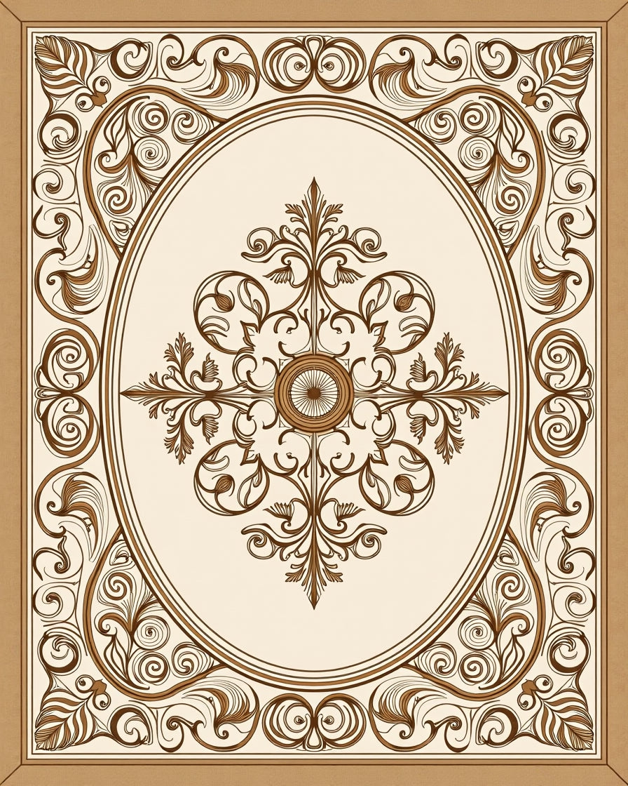Elegant Brown Scrollwork Oval Mandala Design Rug