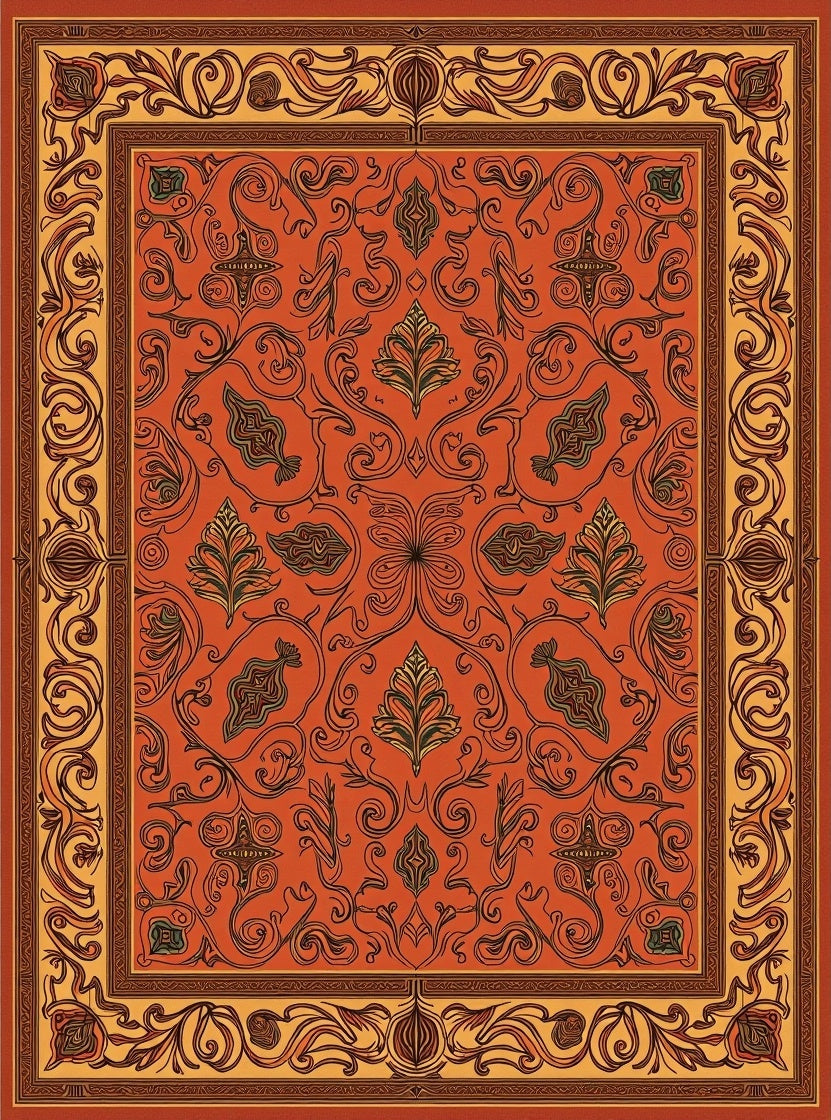 Intricate Floral Border With Deep Orange Tone Rug