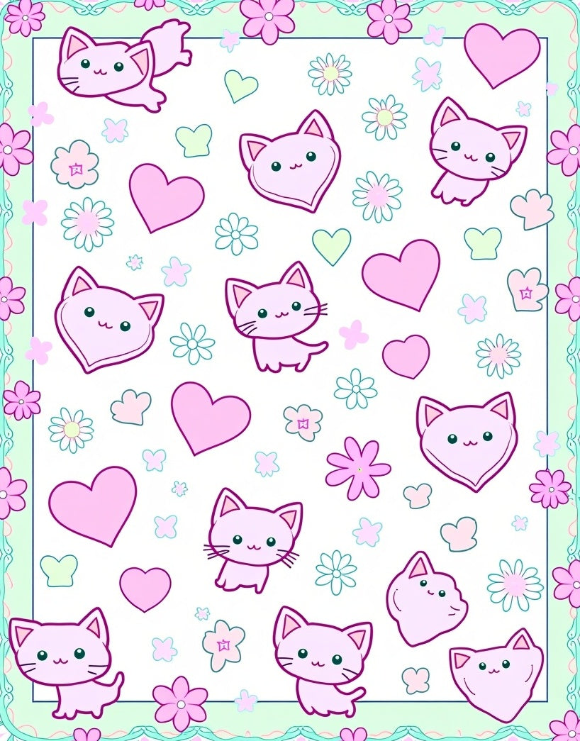 Kawaii Pink Cat Heart Pattern Rug