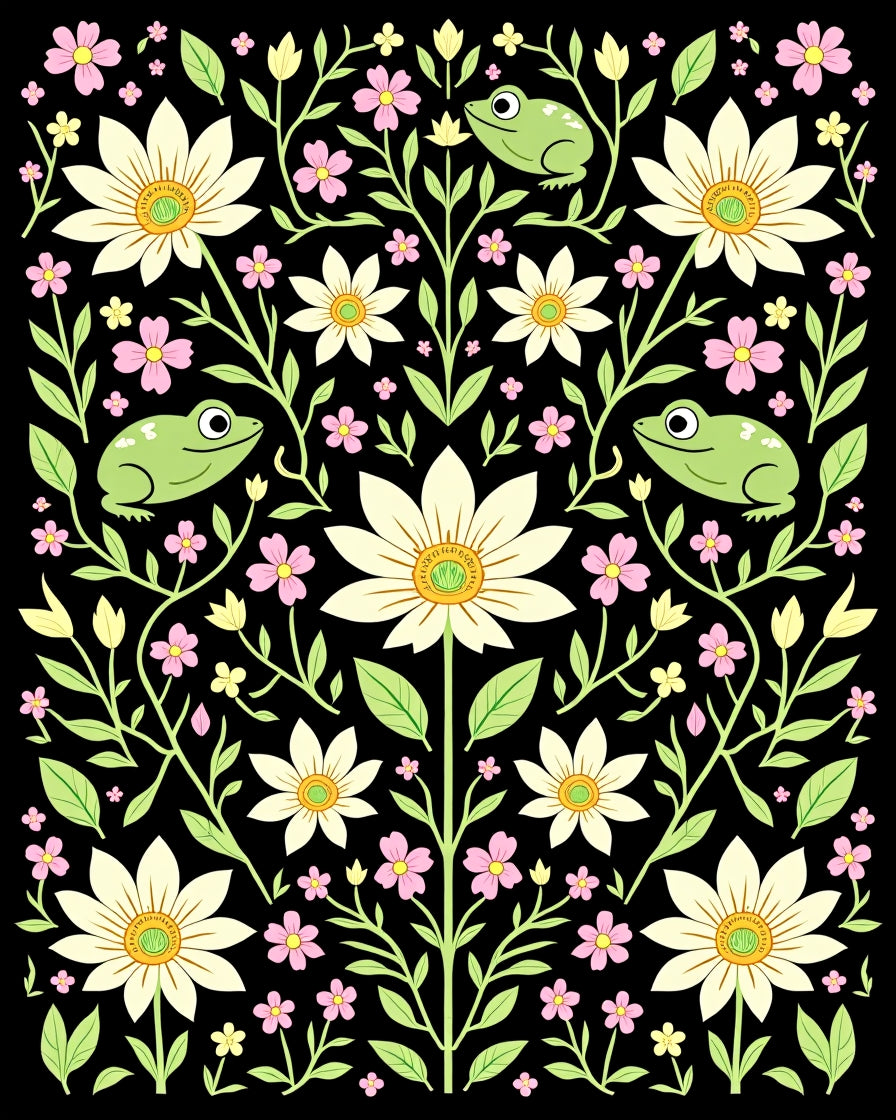 Whimsical Green Frog Floral Garden Rug
