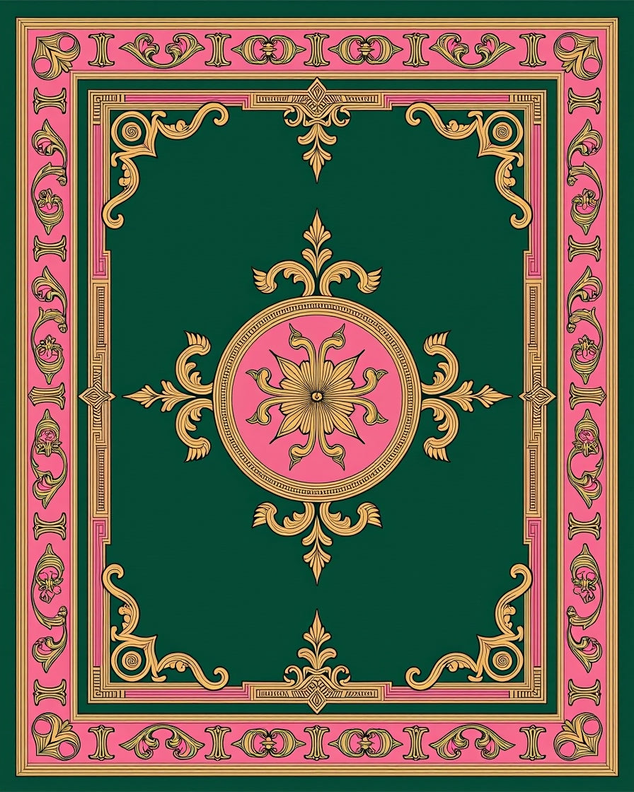 Emerald Green Pink Gold Medallion Frame Rug