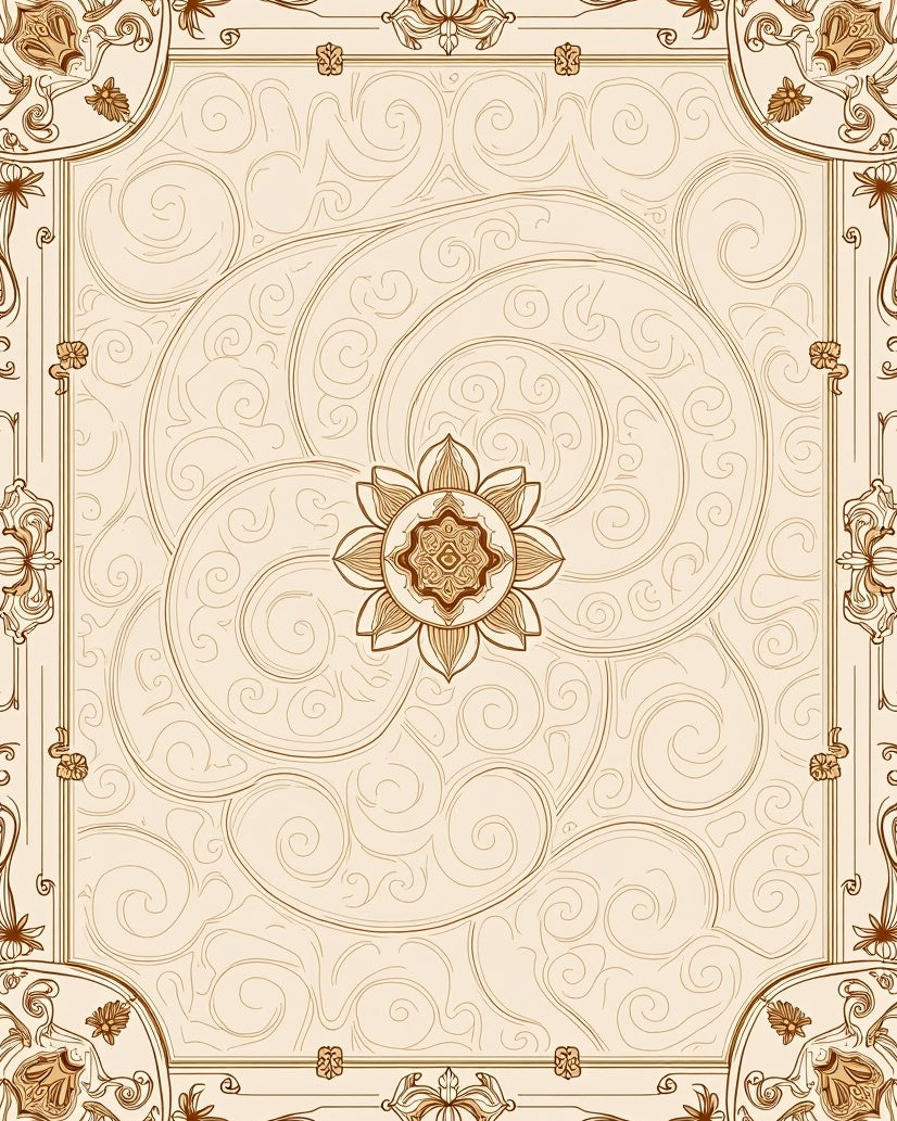 Cream Medallion Swirl Botanical Frame Rug