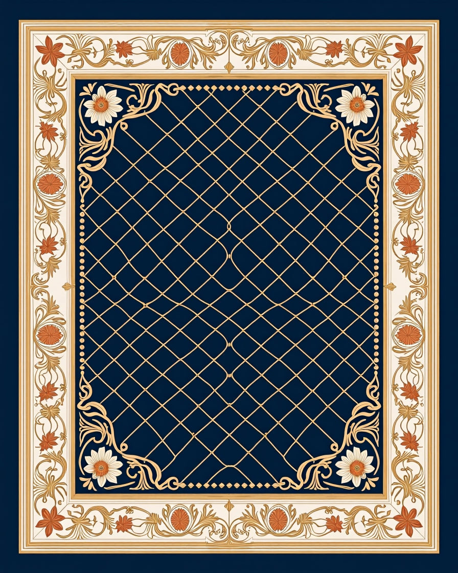 Ornate Floral Lattice Border Design Rug