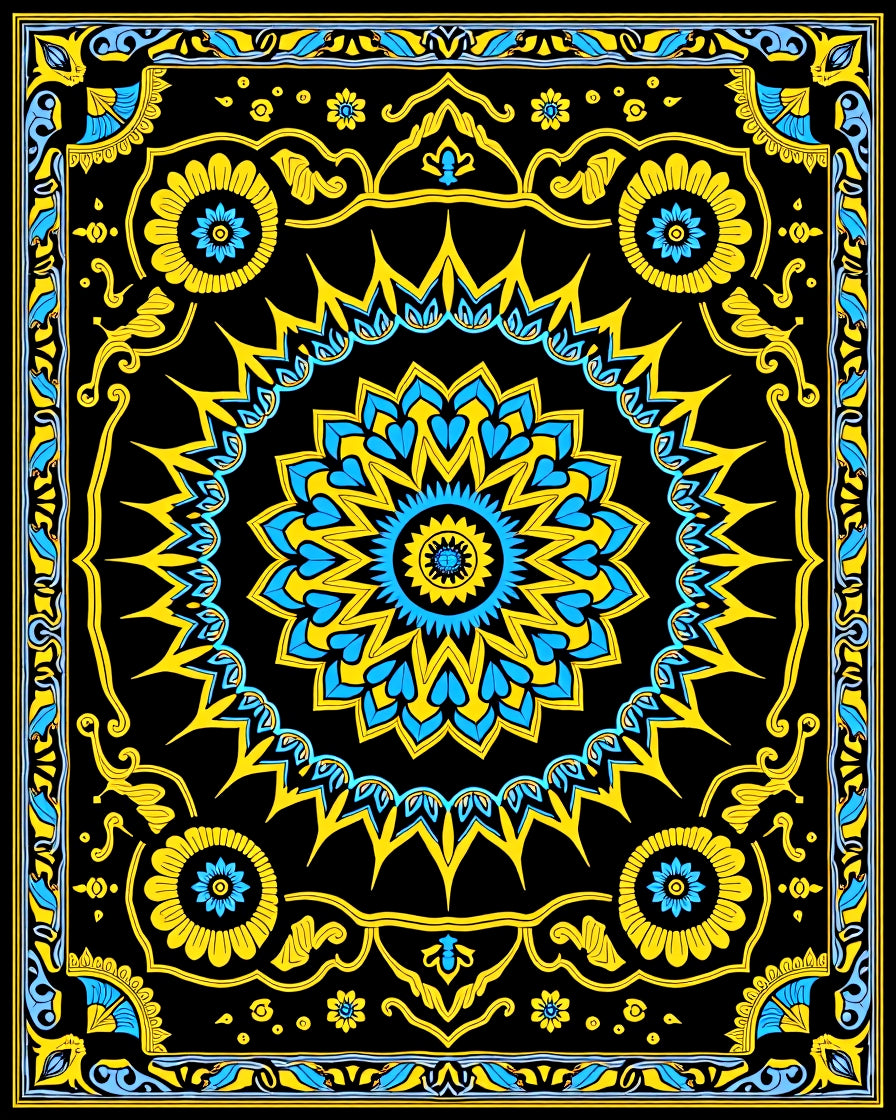 Bold Yellow Blue Floral Mandala Design Rug