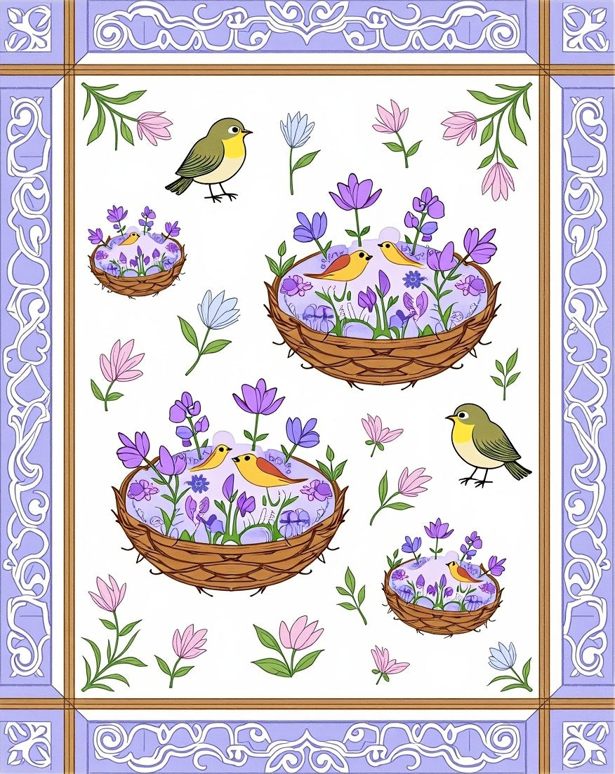 Whimsical Birds And Floral Nests Rug