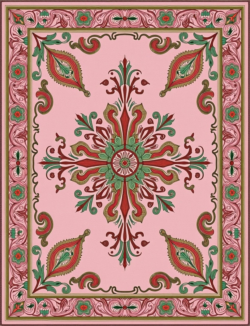 Intricate Floral Bordered Pink Pattern Rug