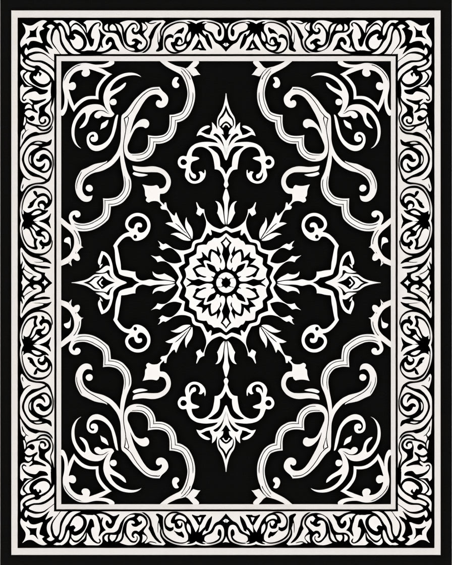 Black White Classic Floral Medallion Rug