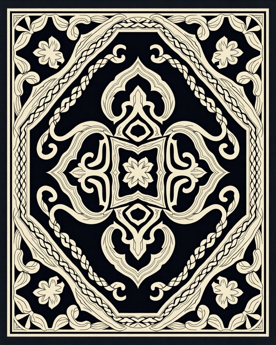 Ornate Black Cream Floral Medallion Rug