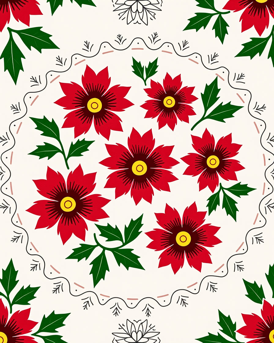 Red Floral Patterned Folk Art Rug