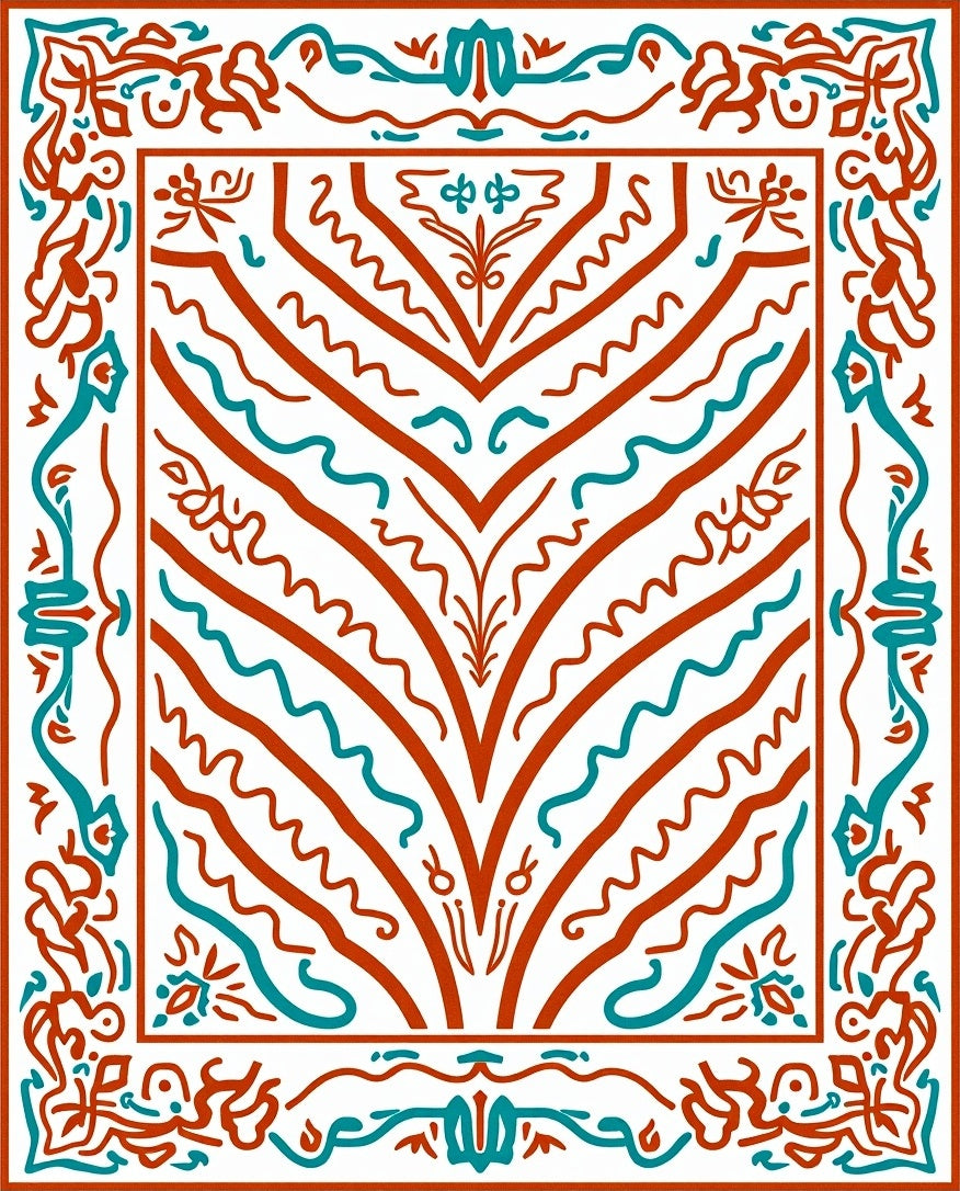Ornate Coral Teal Abstract Design Rug