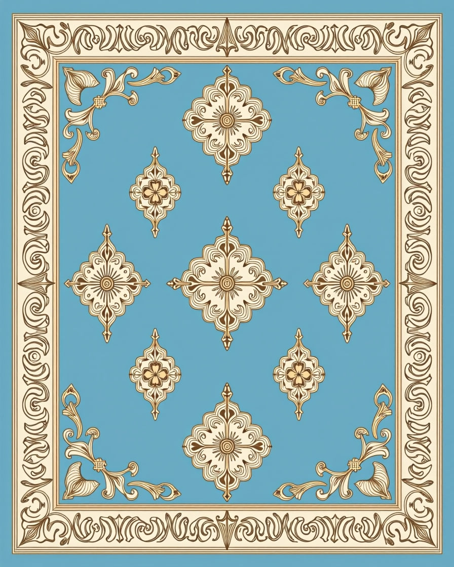 Ornamental Floral Medallion Border Design Rug