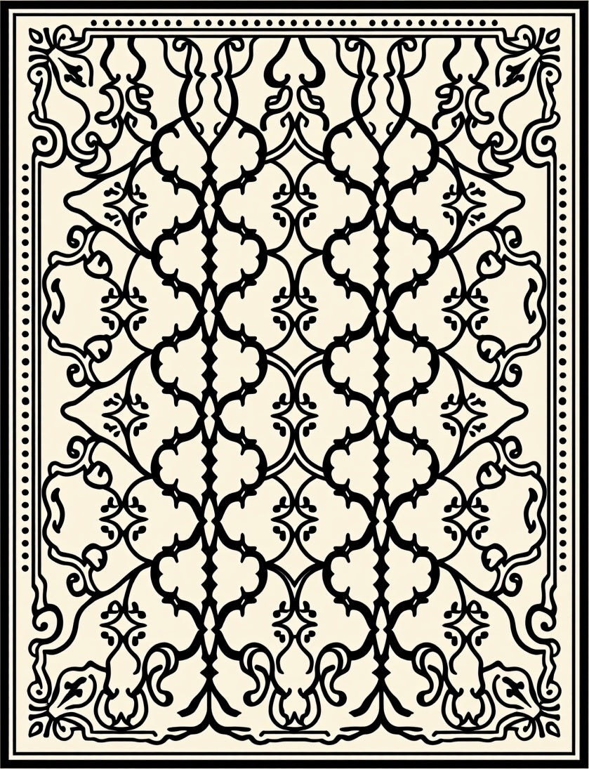 Ornate Black Cream Scrollwork Rug