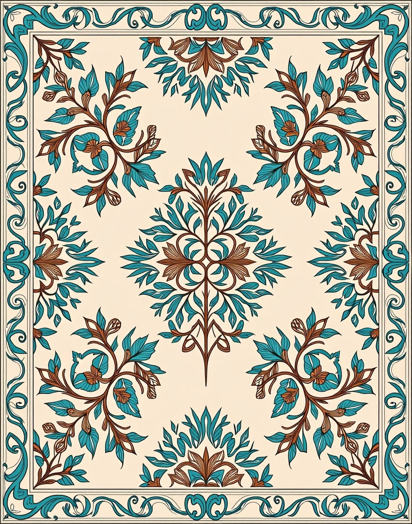 Elegant Teal Brown Floral Pattern Rug
