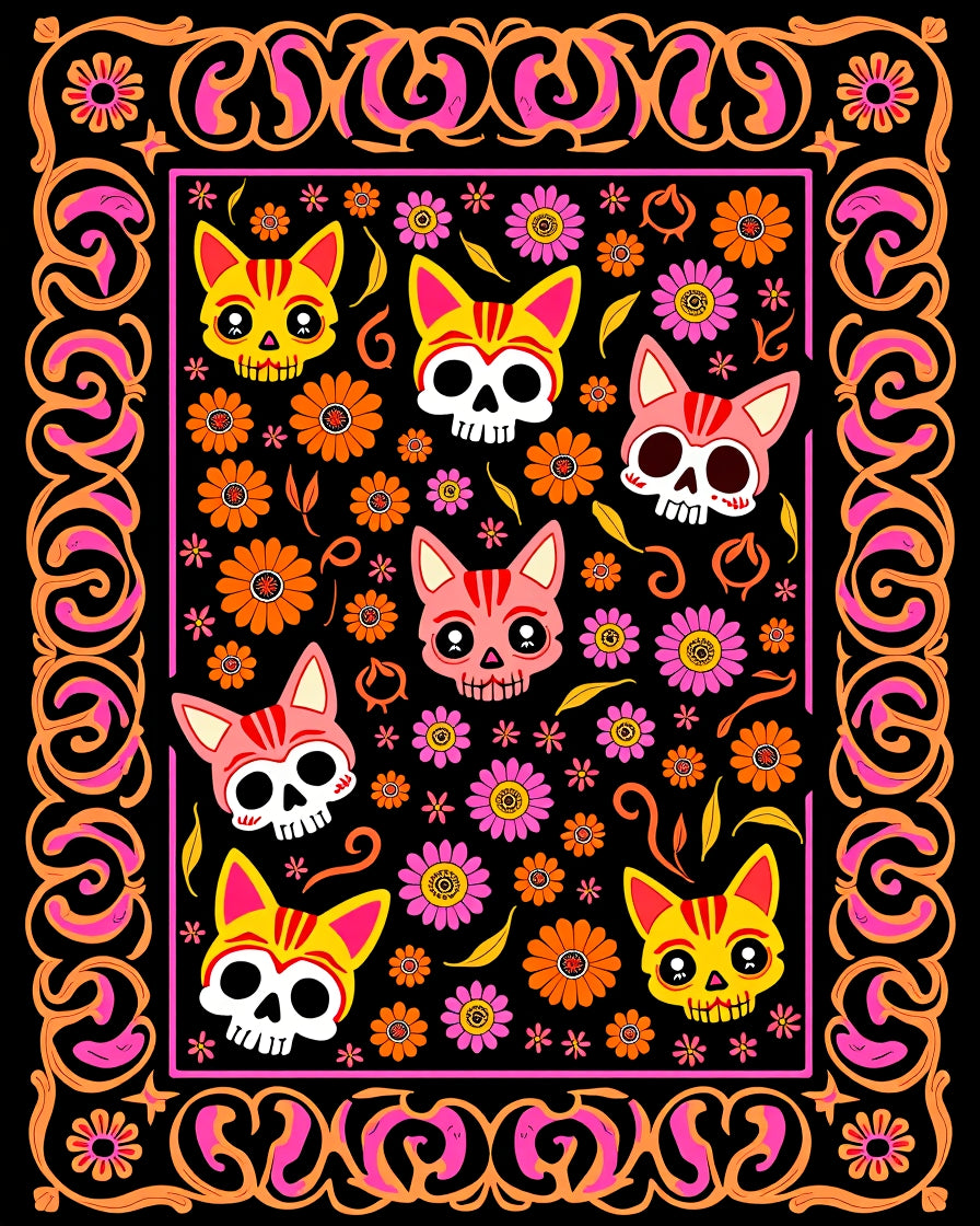 Whimsical Cat Skull Floral Design Rug