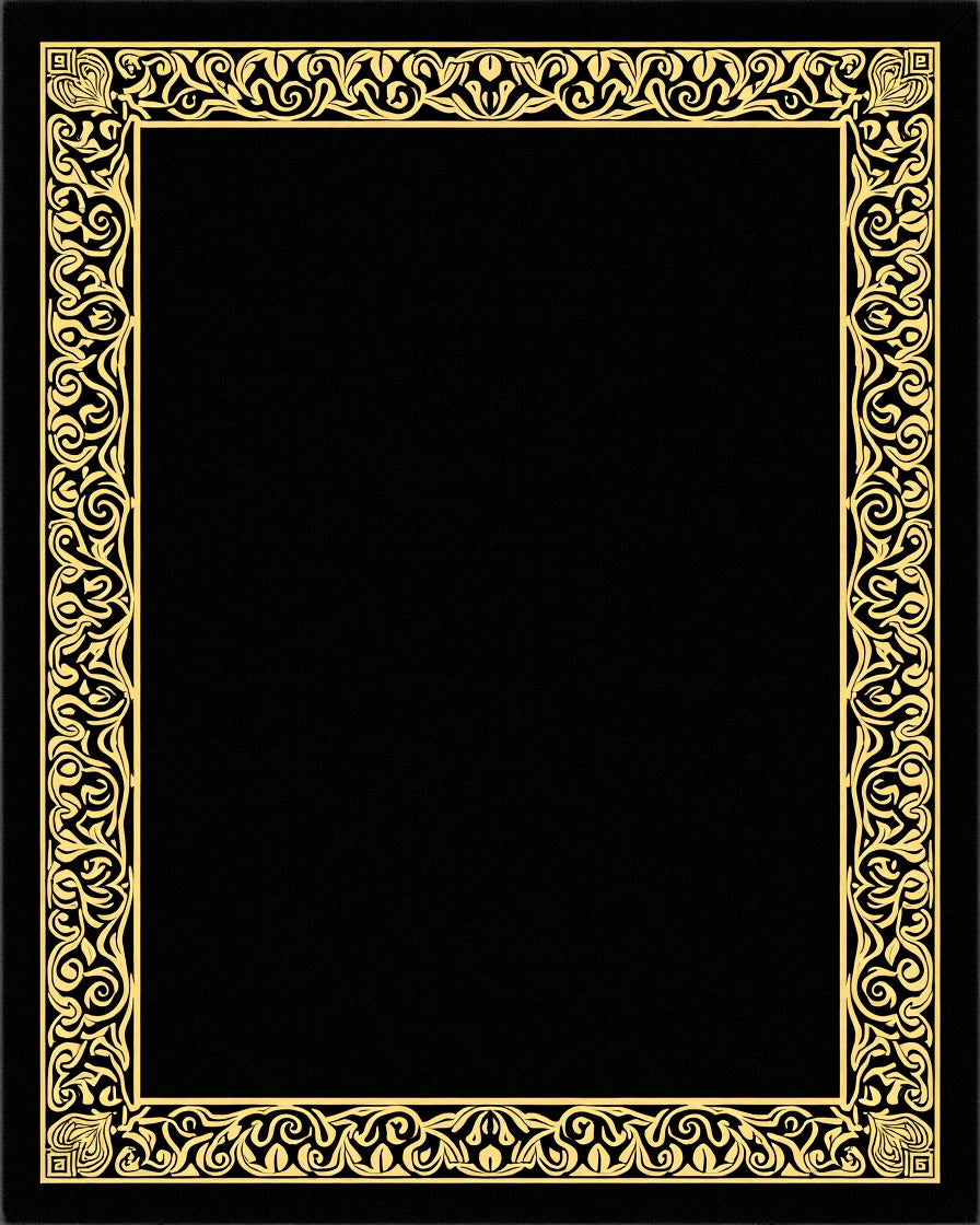 Ornate Gold Scrollwork Black Border Rug