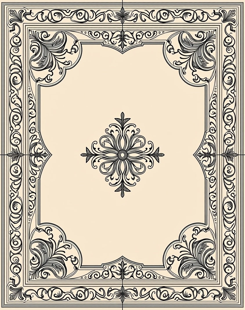 Elegant Black Cream Floral Scroll Rug
