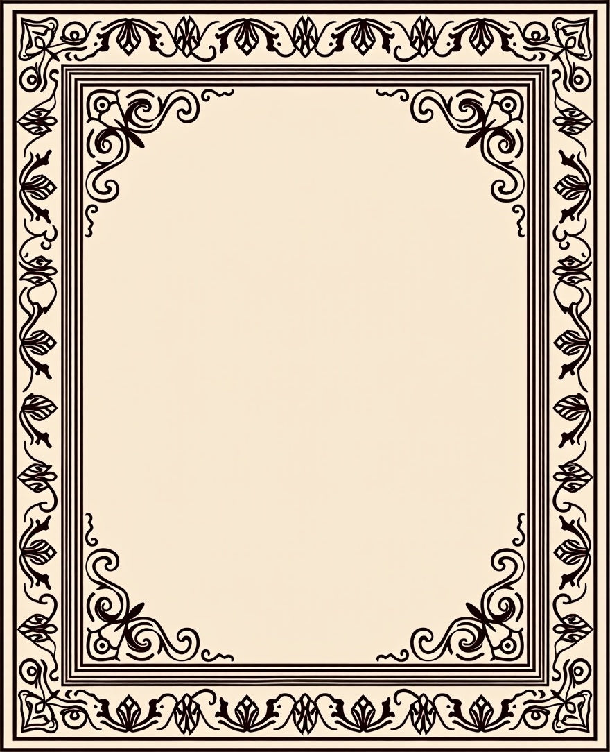 Ornate Black Floral Scrollwork Border Design Rug