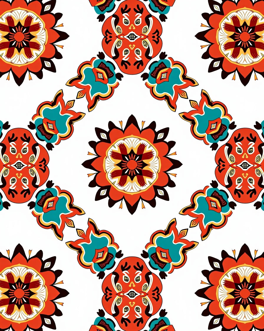 Vibrant Coral Teal Floral Medallion Pattern Rug