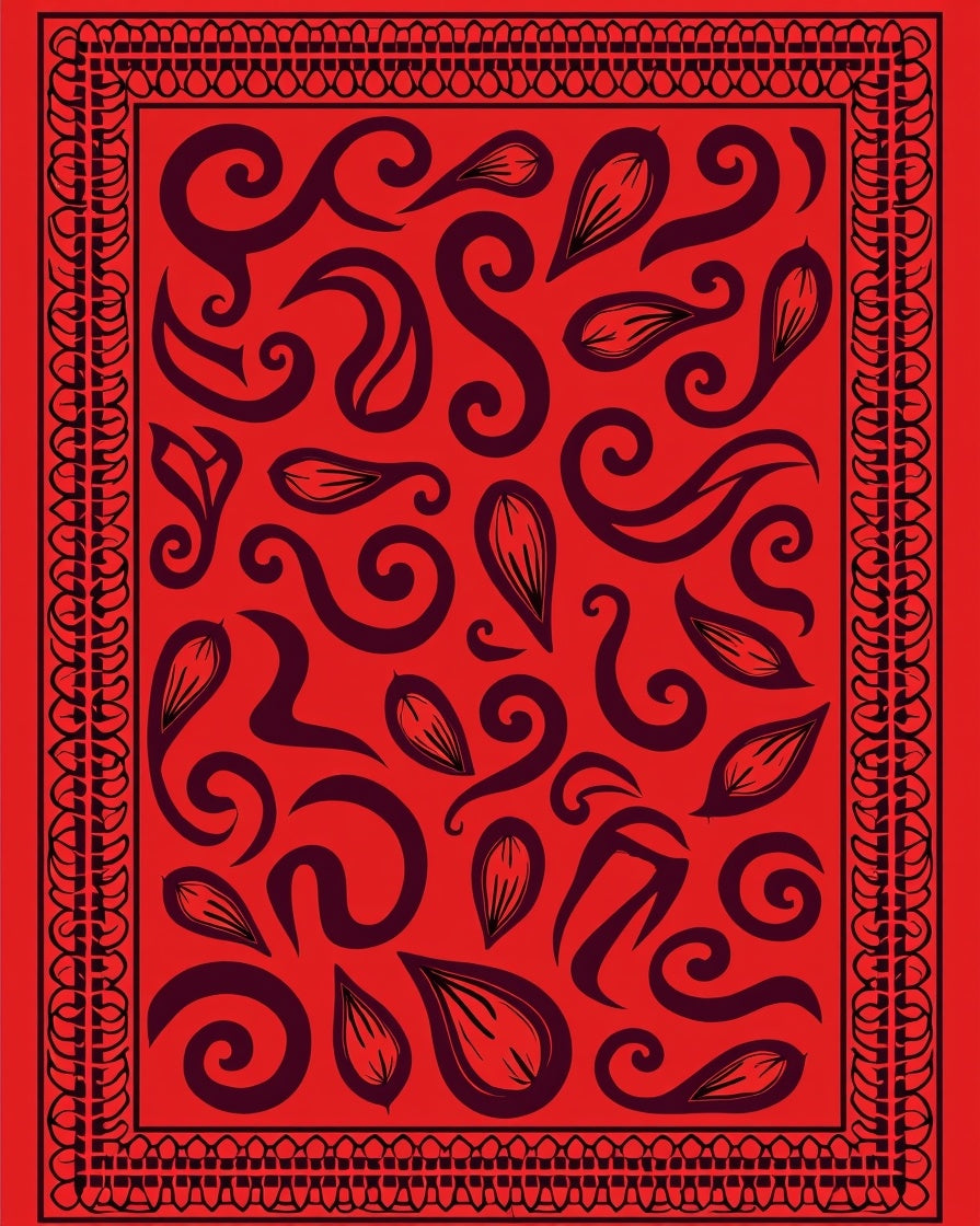 Crimson Swirl Leaf Patterned Rug