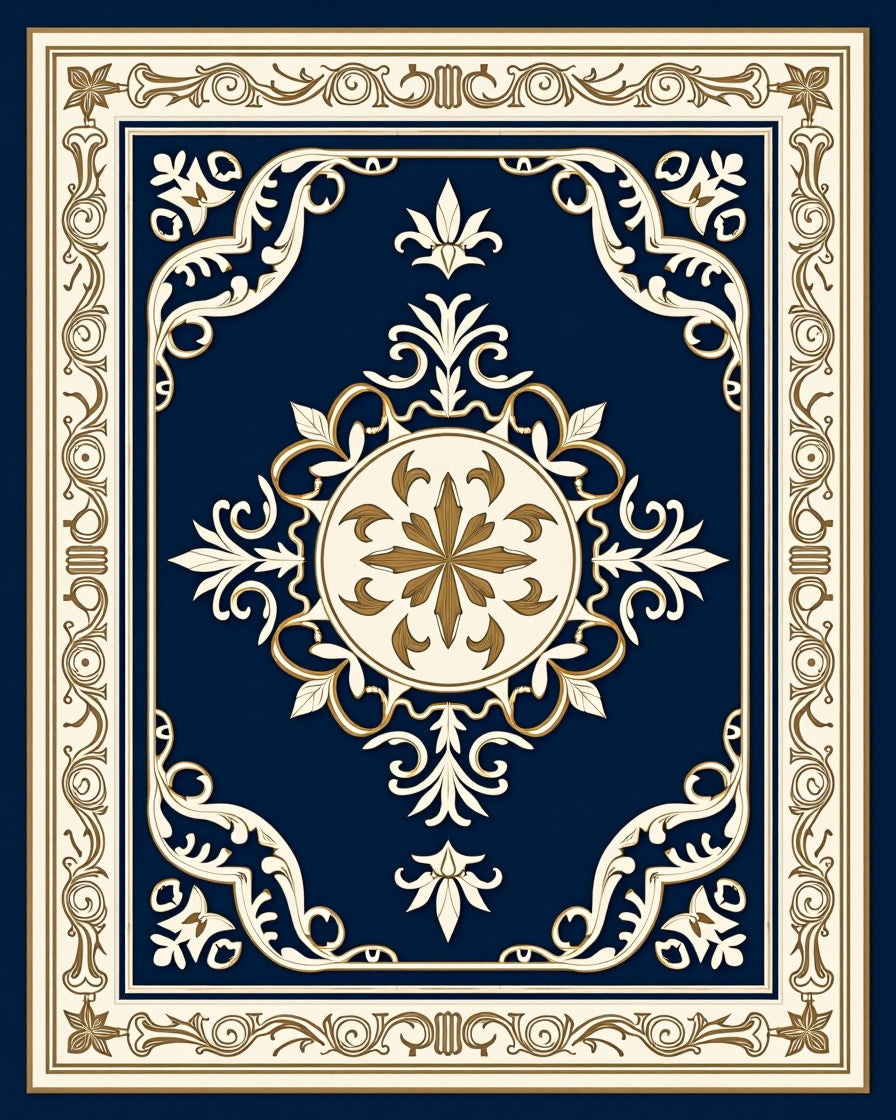 Ornate Blue Gold Floral Medallion Rug