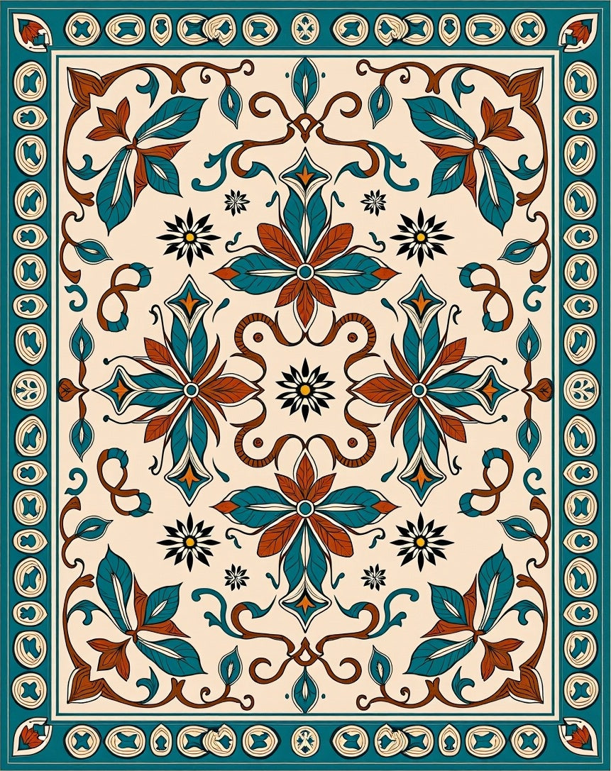 Classic Floral Medallion Ivory Teal Rug