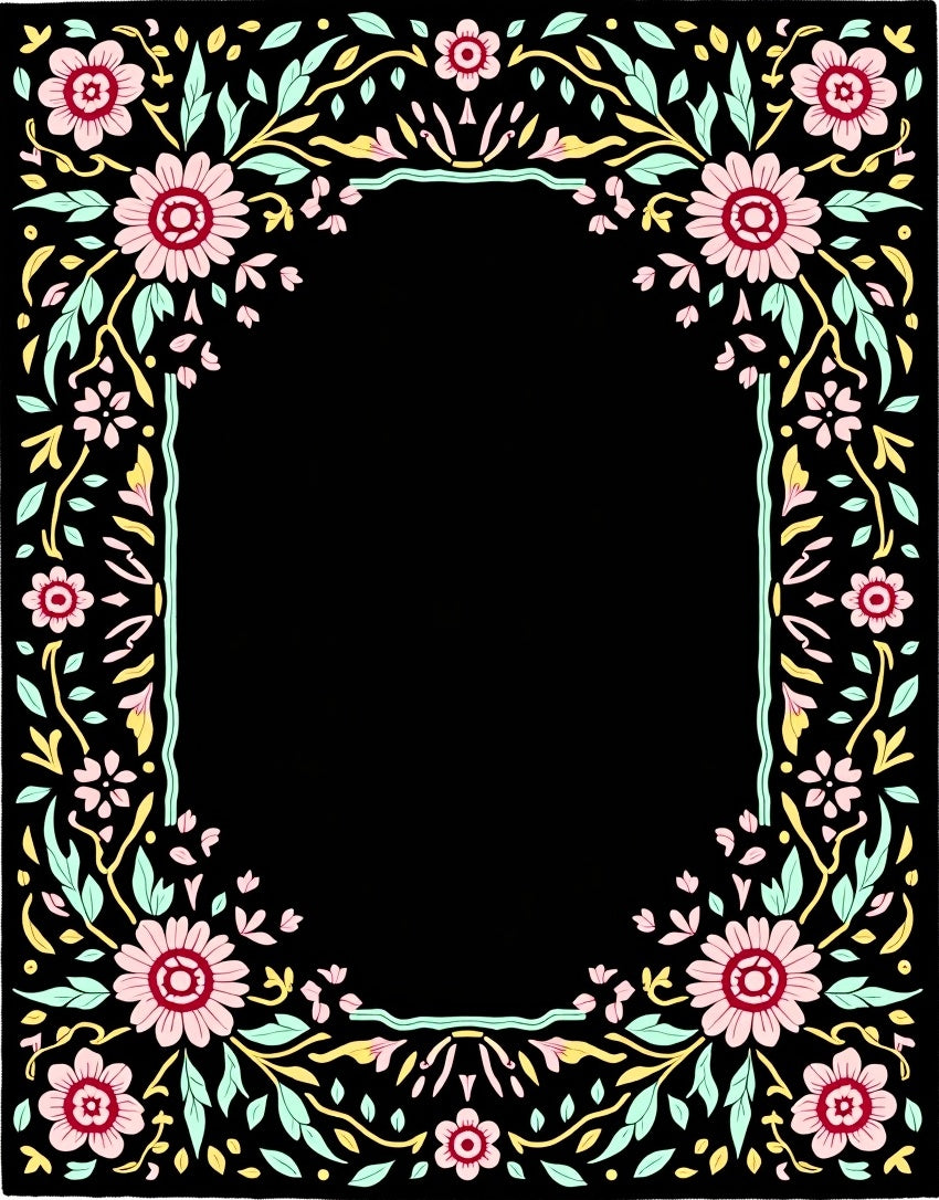 Black Floral Frame with Pink Flowers Rug