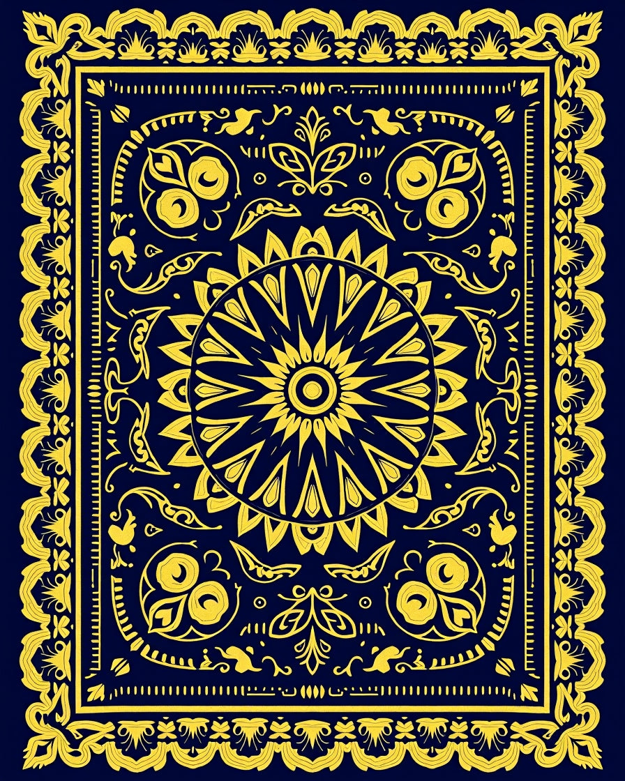 Intricate Yellow Floral Sunburst Design Rug
