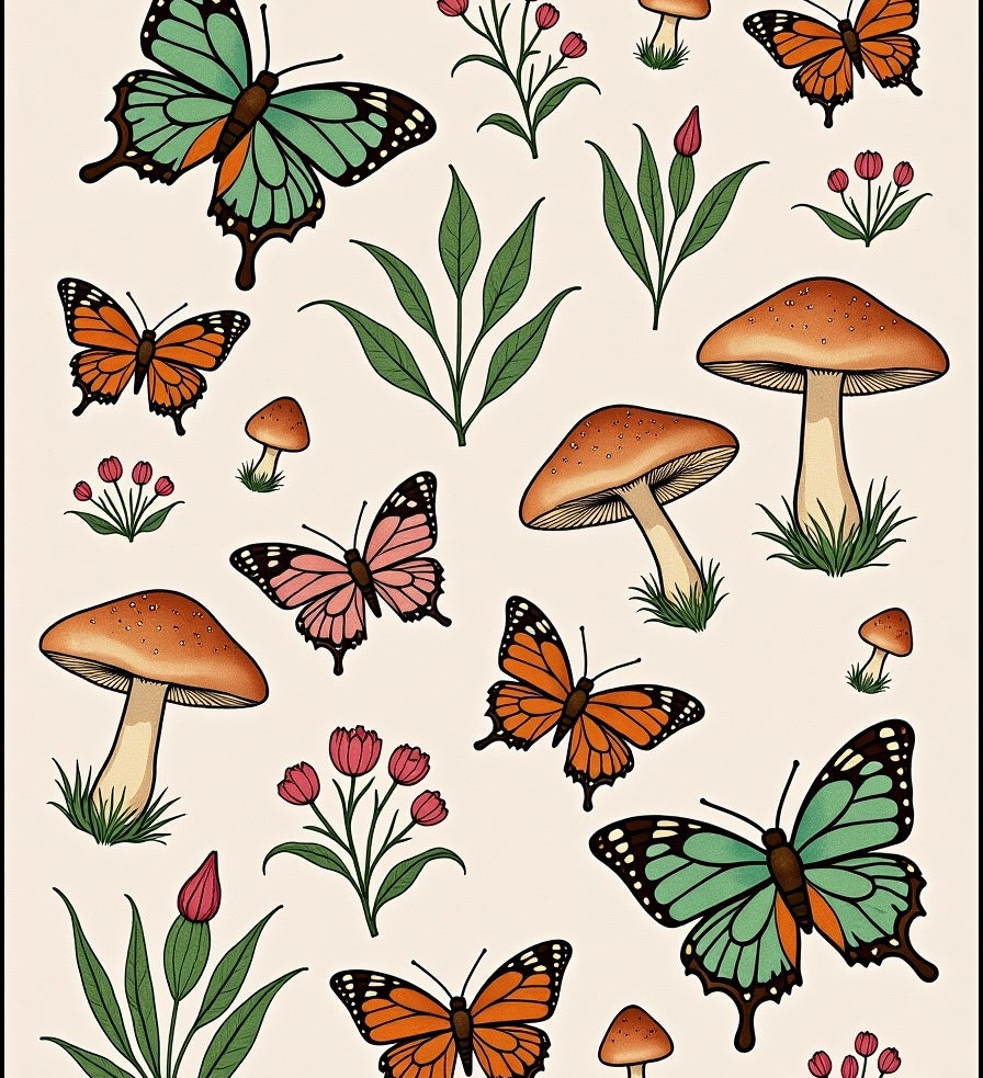 Whimsical Butterflies and Mushrooms Pattern Rug