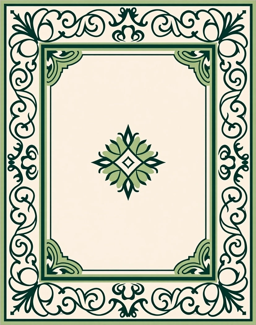 Green Scrollwork Elegant Geometric Pattern Rug