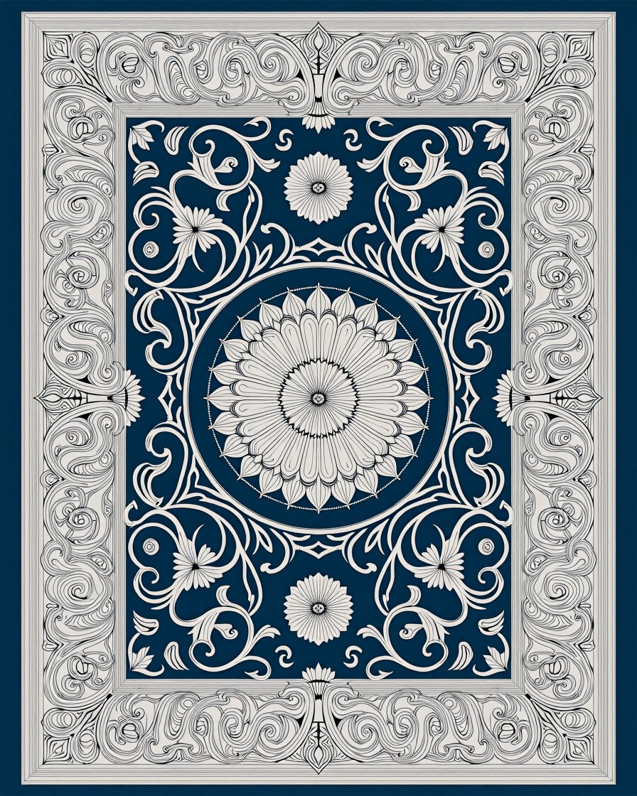 Intricate Floral Medallion Border Design Rug