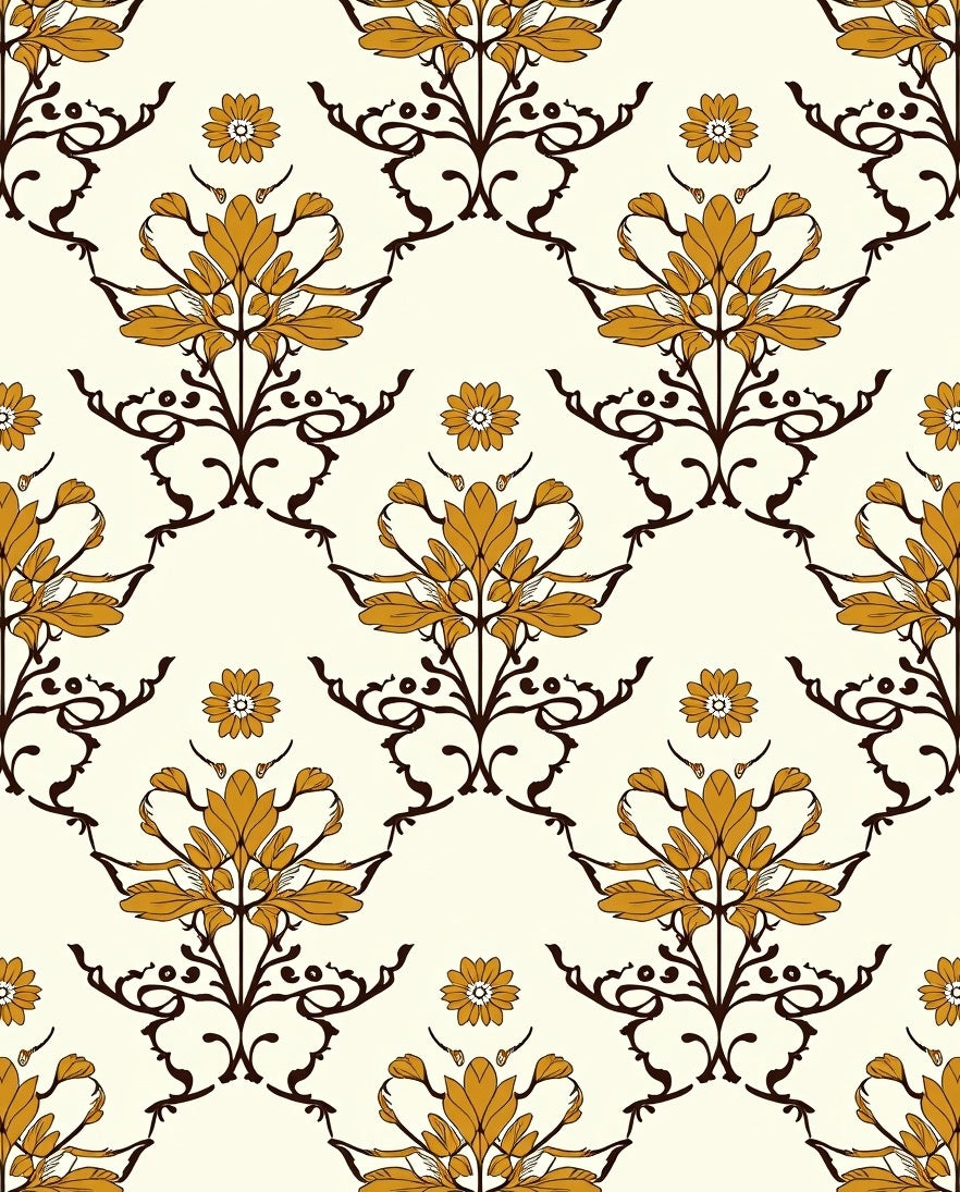 Elegant Orange Golden Floral Damask Rug