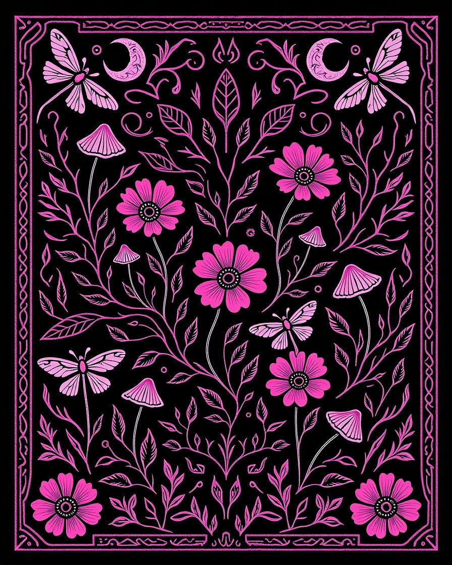 Whimsical Floral Butterfly Moon Pattern Rug