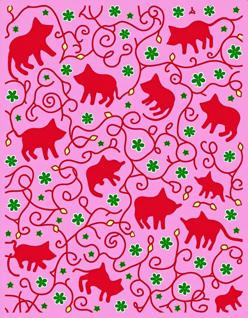 Playful Red Animal Floral Pattern Rug