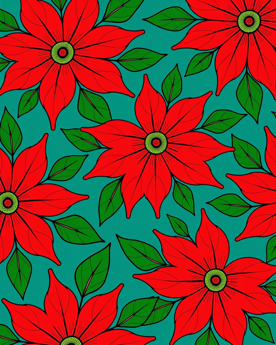 Red Floral Bold Pattern Teal Background Rug