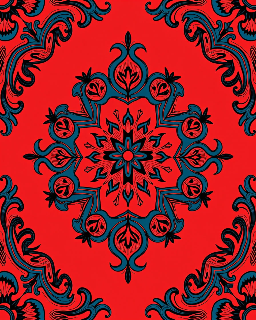 Red Teal Floral Mandala Pattern Rug