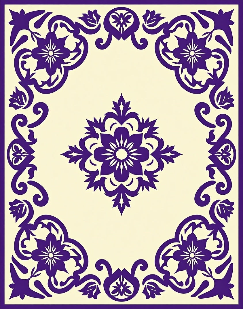 Ornate Floral Damask Pattern Tile Rug