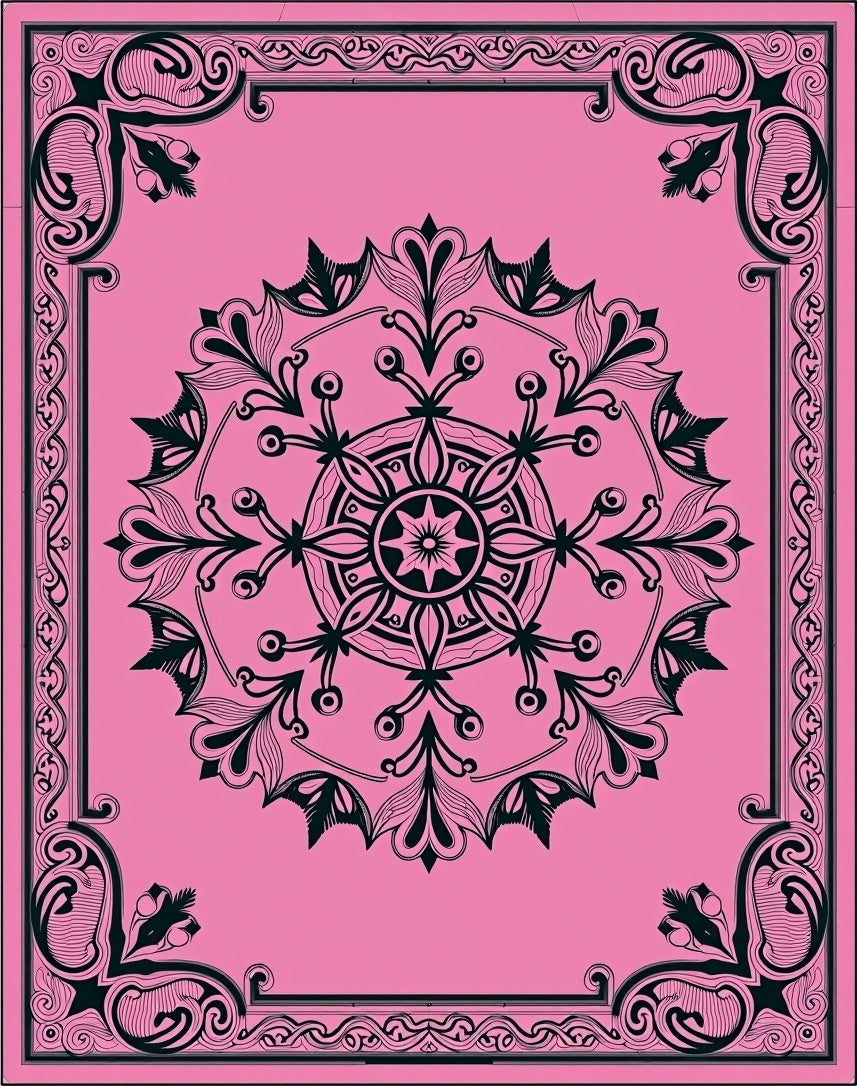 Ornate Pink Black Floral Mandala Design Rug