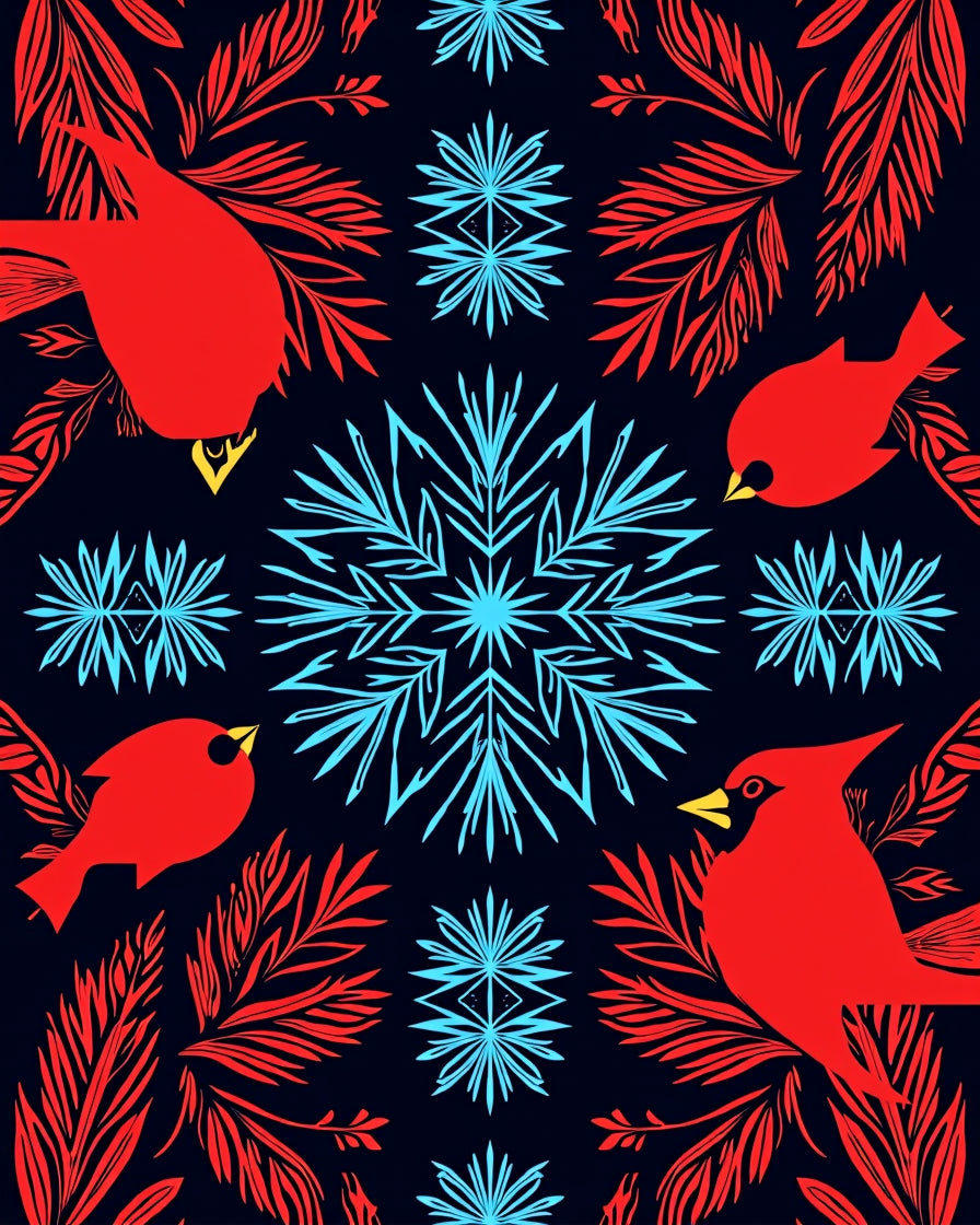 Red Birds and Blue Snowflakes Pattern Rug