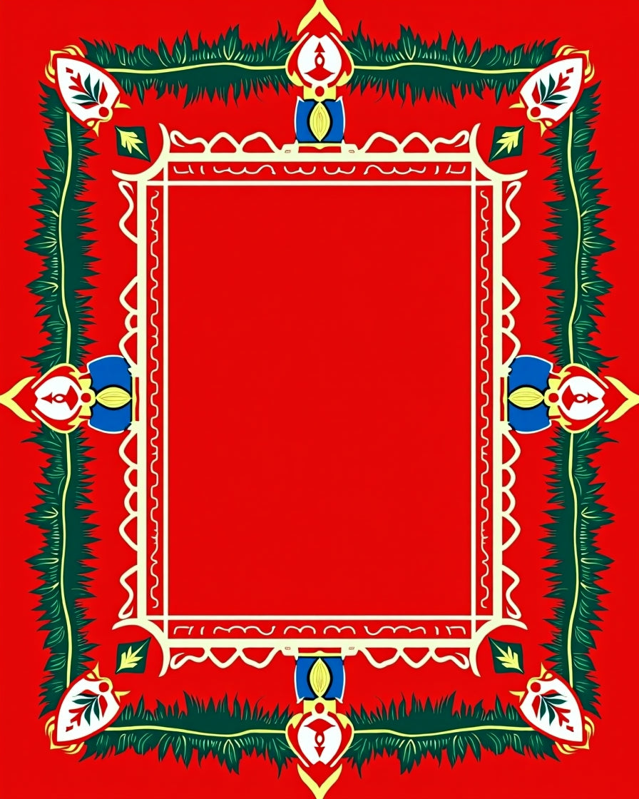 Bold Red Green Floral Frame Rug