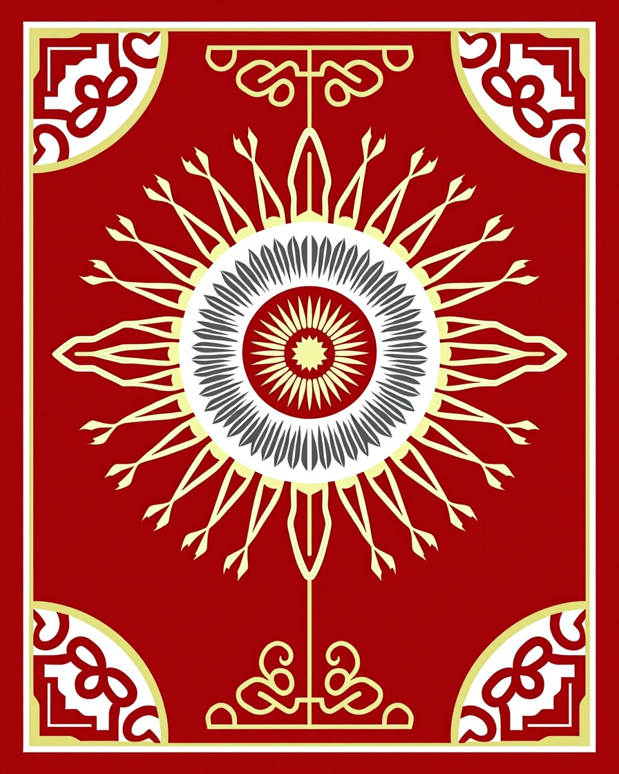 Central Sunburst Geometric Design Red Rug
