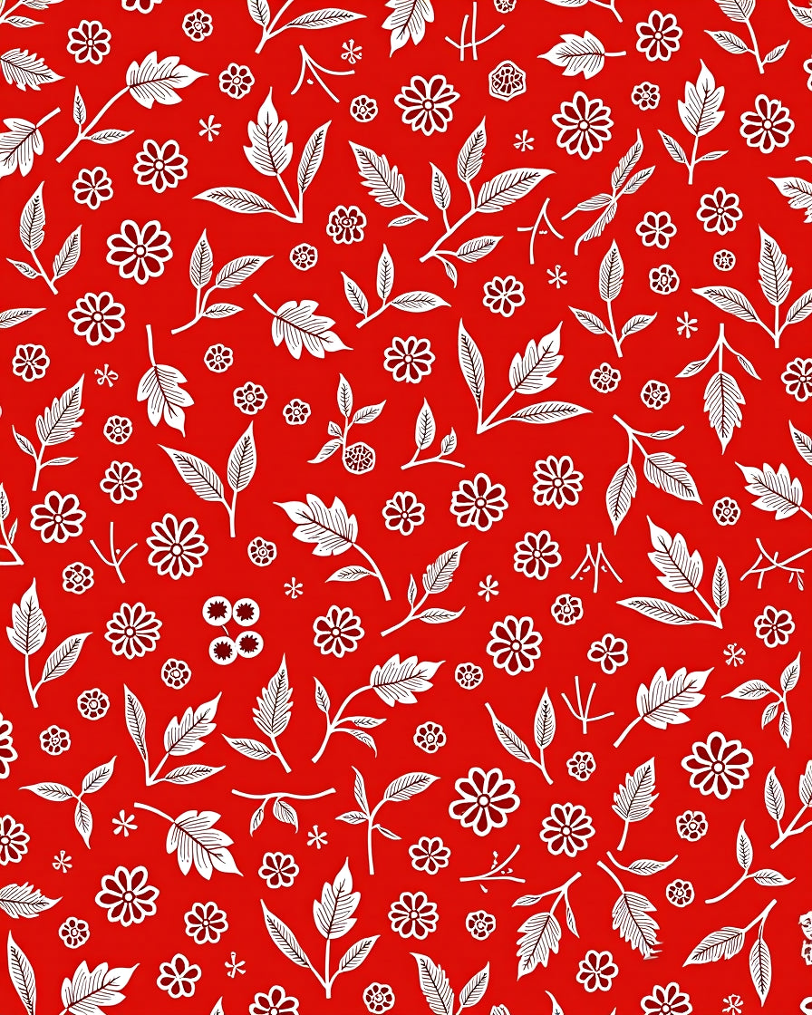 Red White Floral Leaf Pattern Rug
