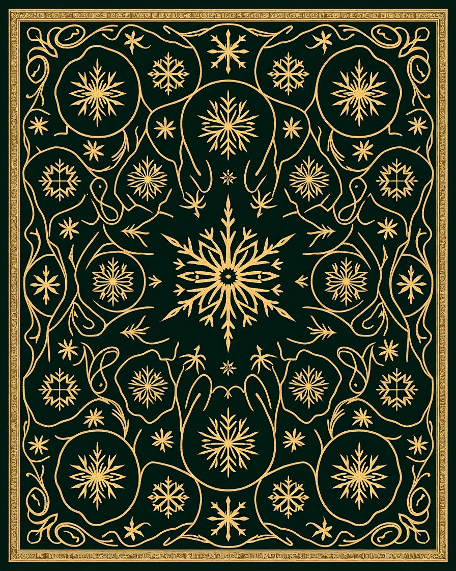 Gold Snowflake Forest Dark Green Rug