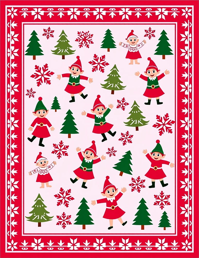Festive Red Elf Christmas Tree Snowflakes Rug