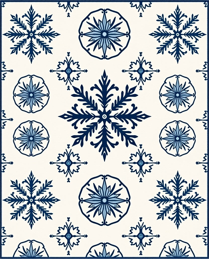 Classic Blue Snowflake Floral Pattern Rug