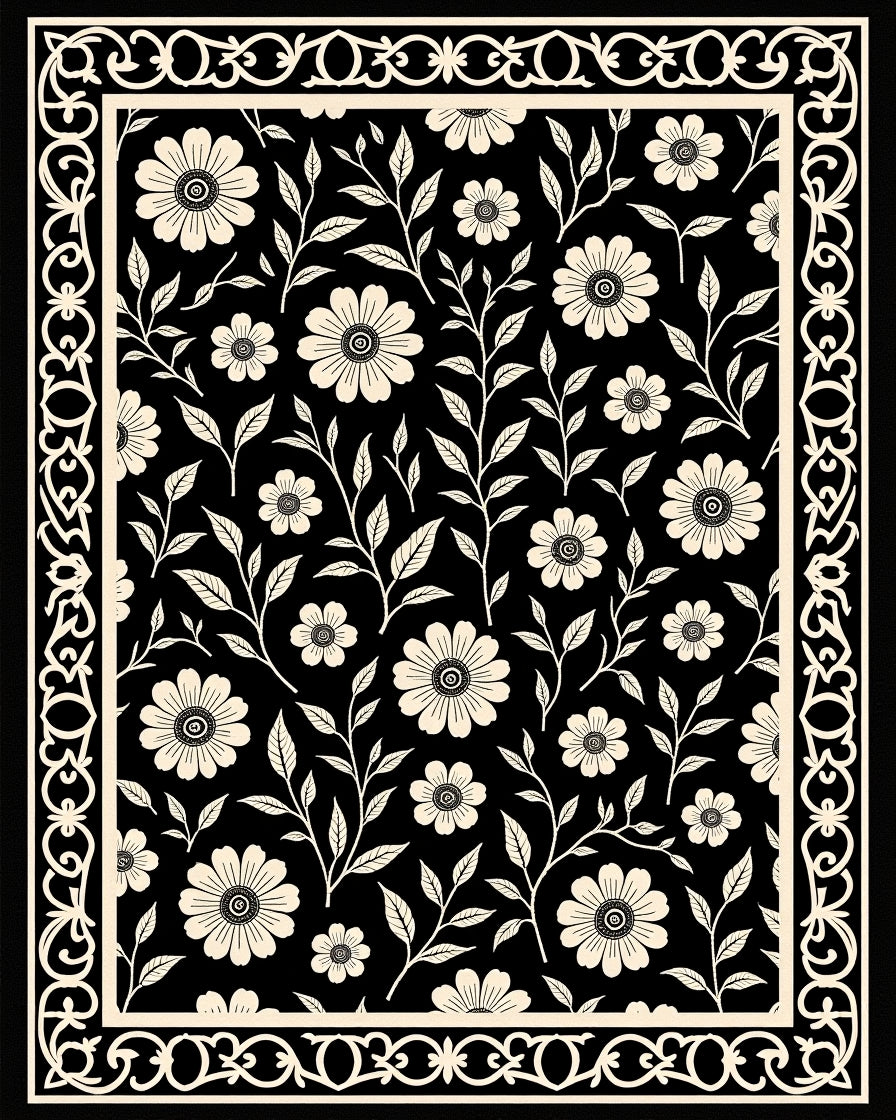 Black Cream Floral Vine Border Rug