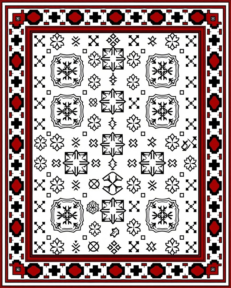 Red Black White Geometric Floral Pattern Rug