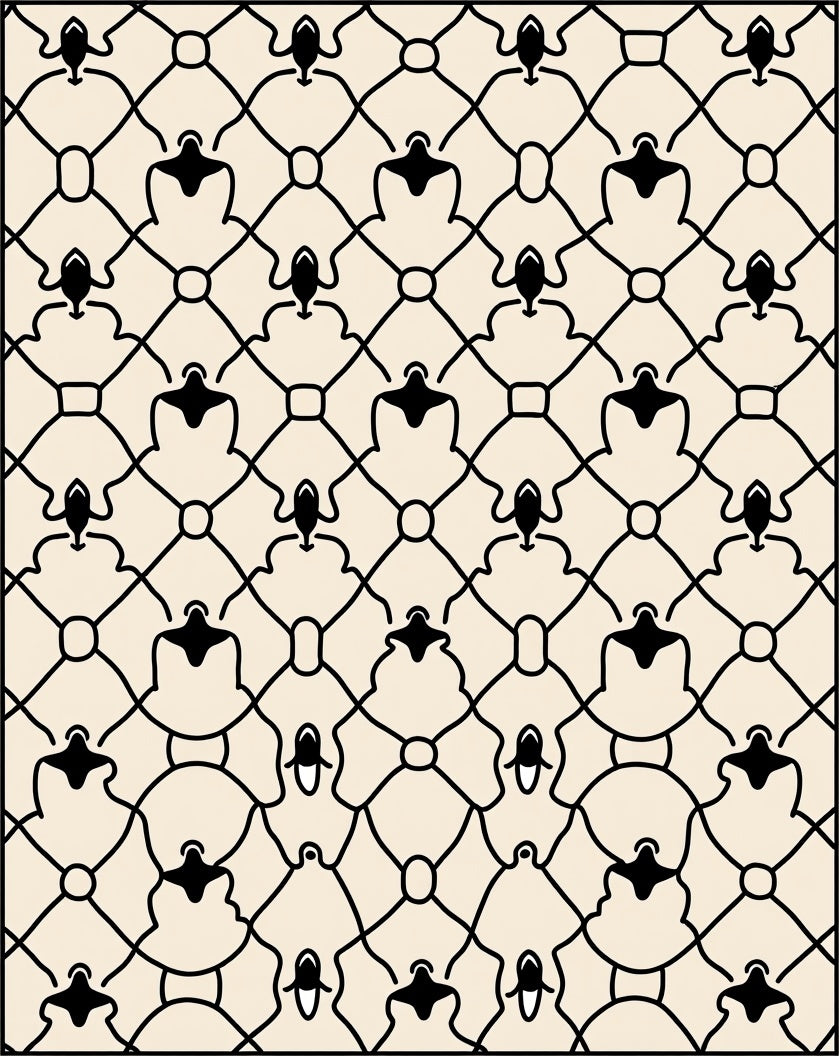 Cream Black Interlocking Figure Pattern Rug
