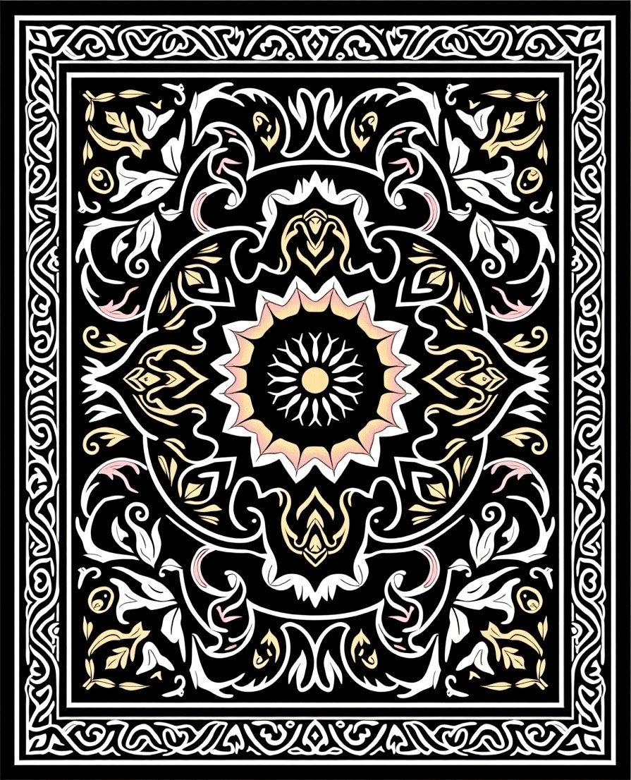 Ornate Floral Mandala Black Gold Rug