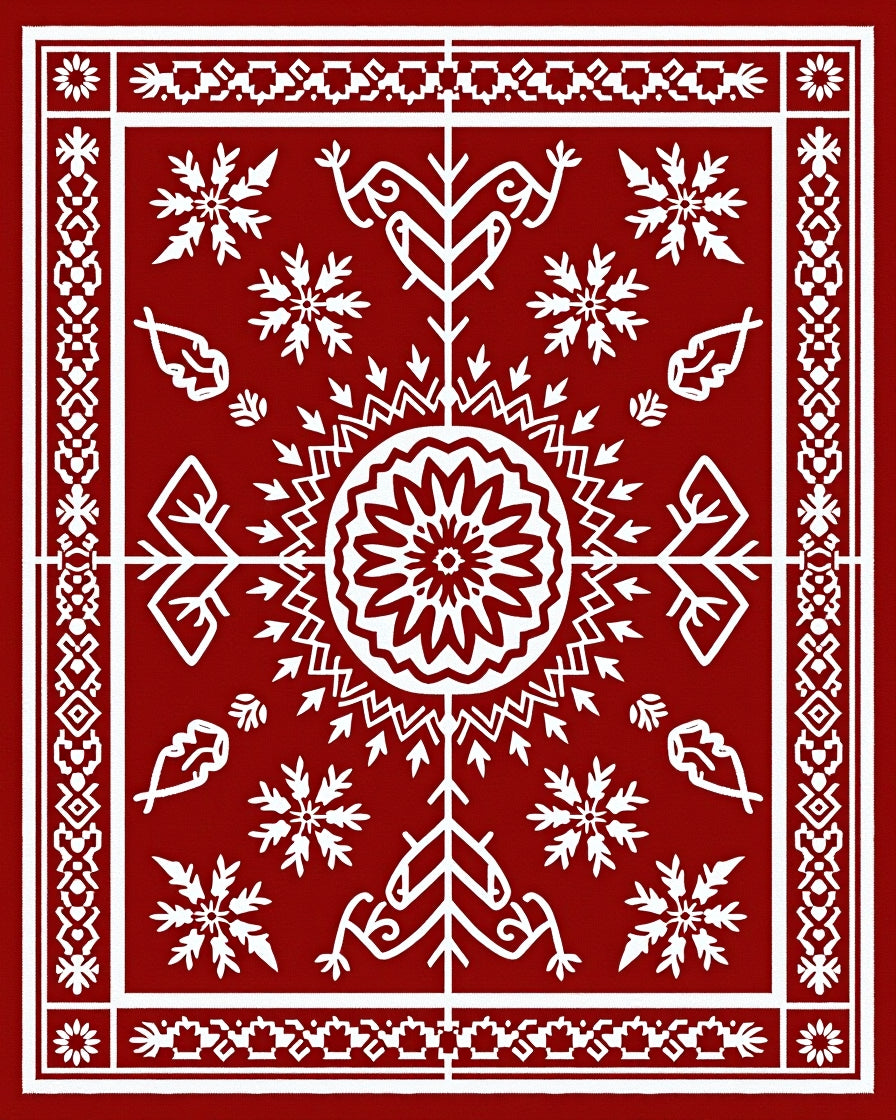Crimson White Folk Art Mandala Rug